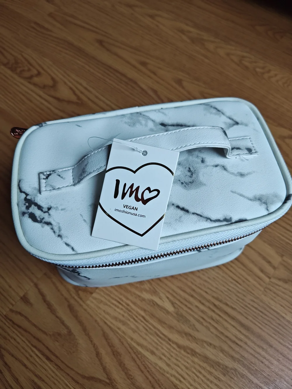 IMOSHION White Marble Vegan Leather Makeup Bag & Travel Case Rose Gold Accents